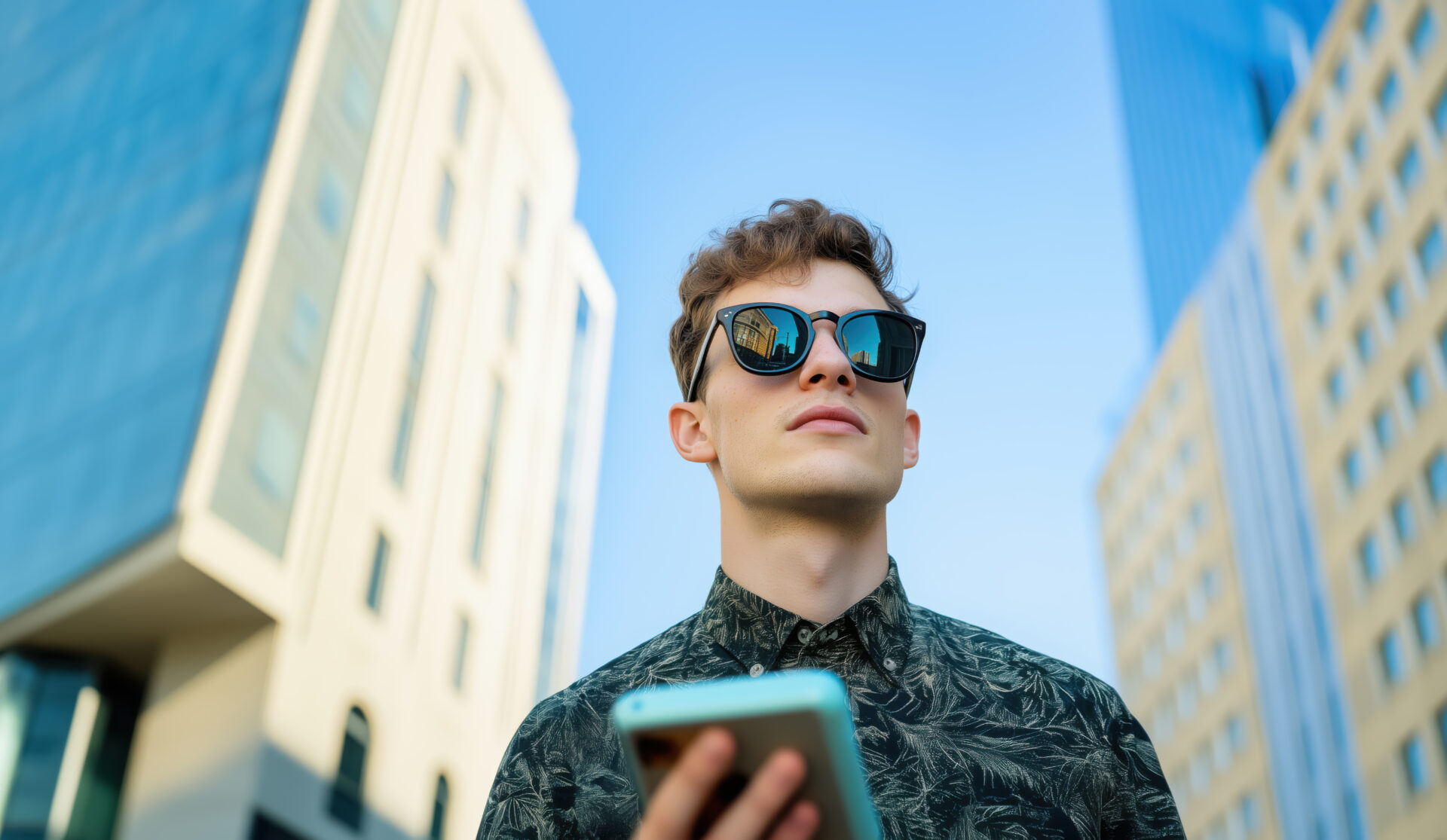 Young stylysh visually impaired man in dark glasses using a smartphone application for blind people in the city in front of a modern skyscraper. Mobile phone technology for vision loss persons.